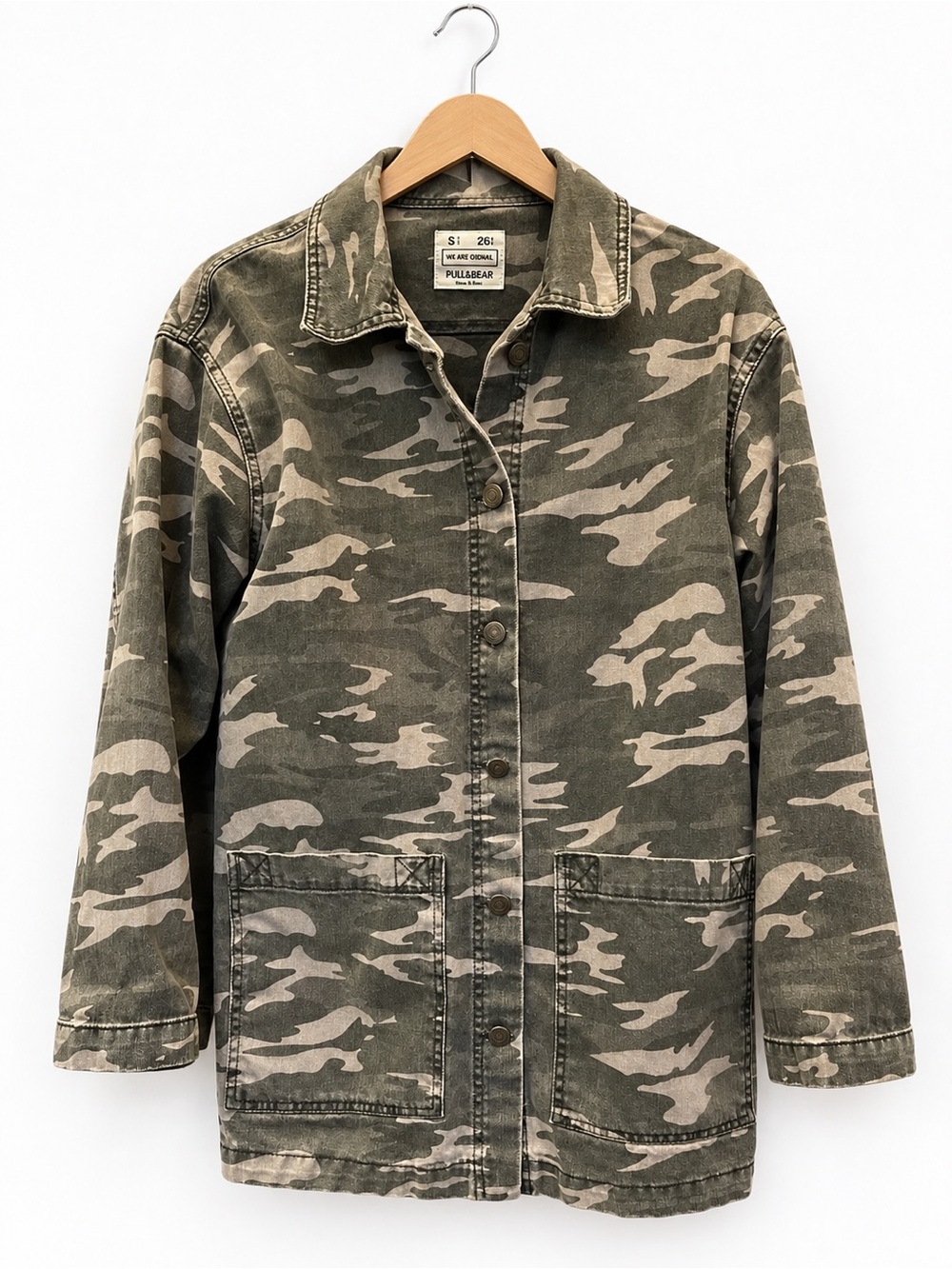 Pull&Bear Denim Utility Camo Barn Jacket Pockets Oversized Small Button Up